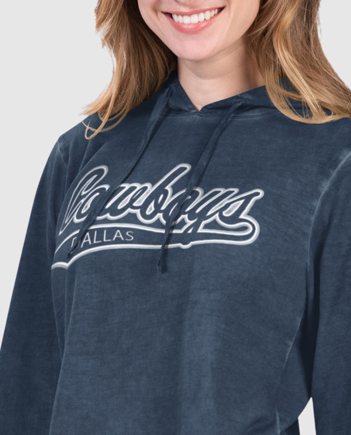 Front Logo on Chest of Women's Dallas Cowboys Wishbone Long Sleeve Hooded Shirt | Cowboys Navy