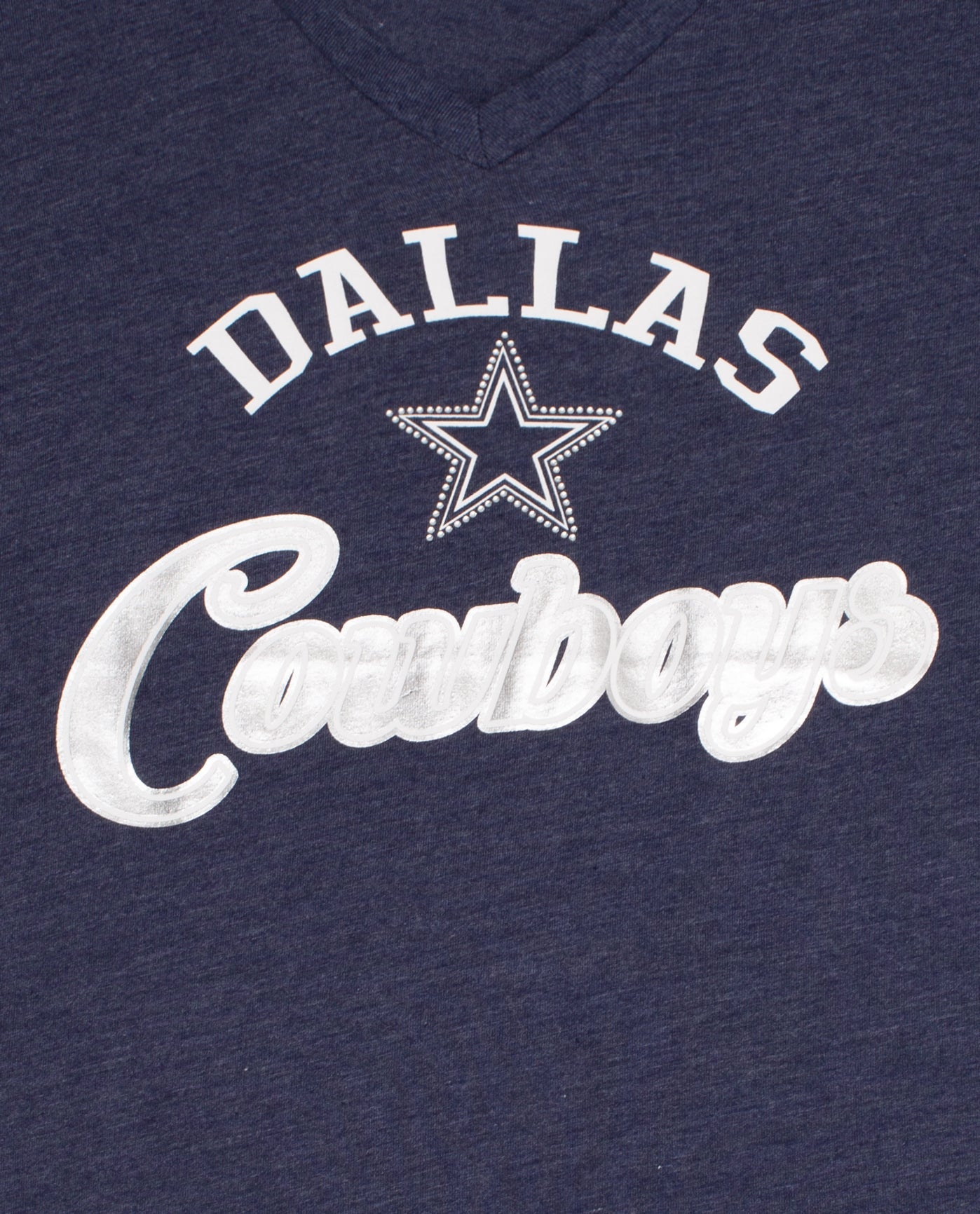 Team Name And Logo On Front Of Women's Dallas Cowboys Rhinestones V-Neck Shirt | Cowboys Navy