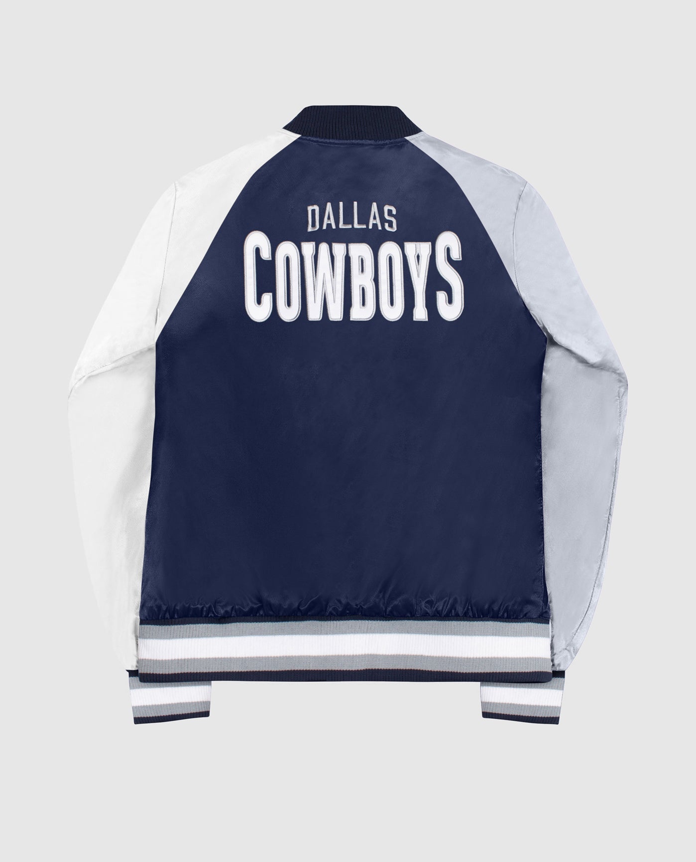 Back Of Women's Dallas Cowboys Snap-Front Varsity Satin Jacket | Cowboys Navy