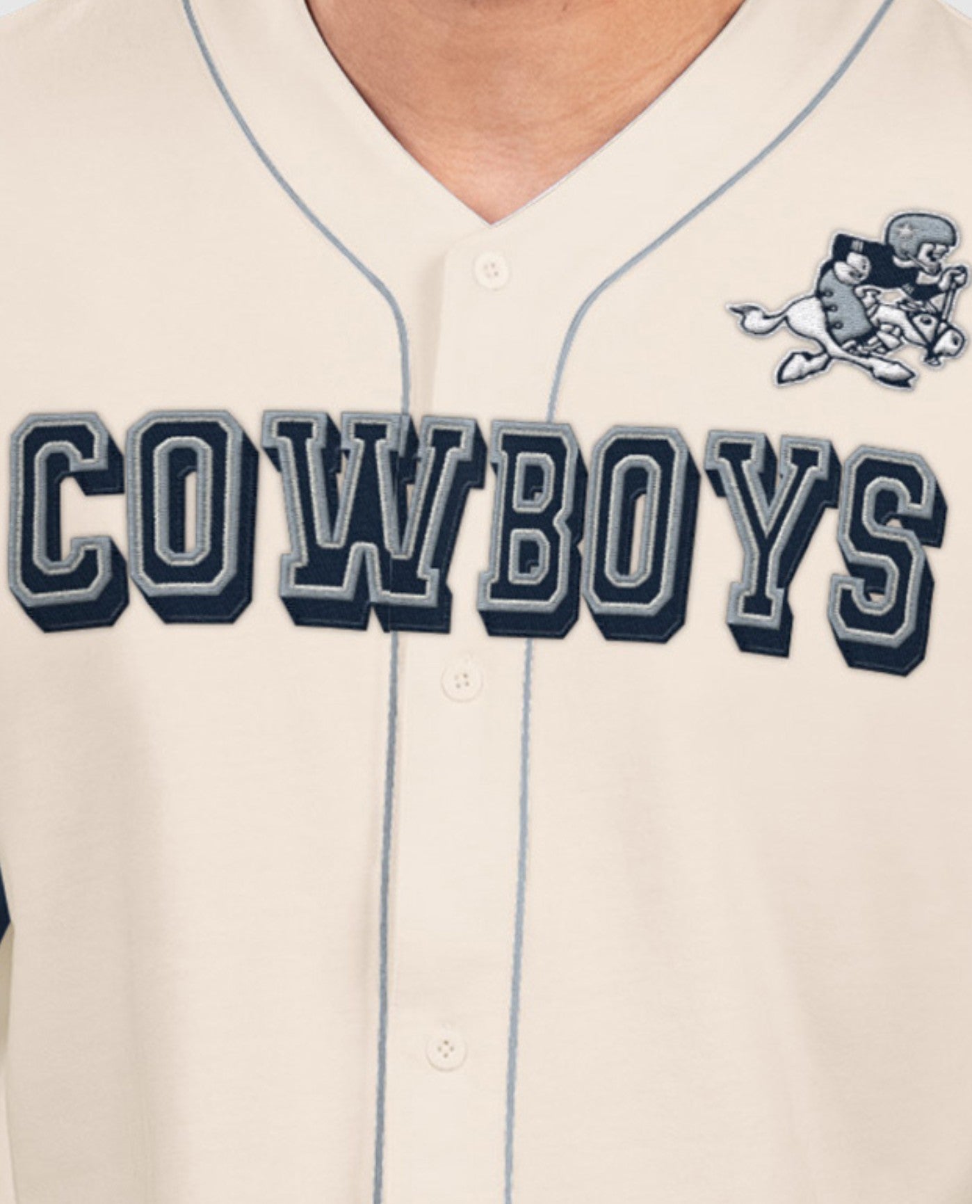 Front Logo on Chest of Dallas Cowboys Relay Retro Baseball Jersey | Cowboys Off White