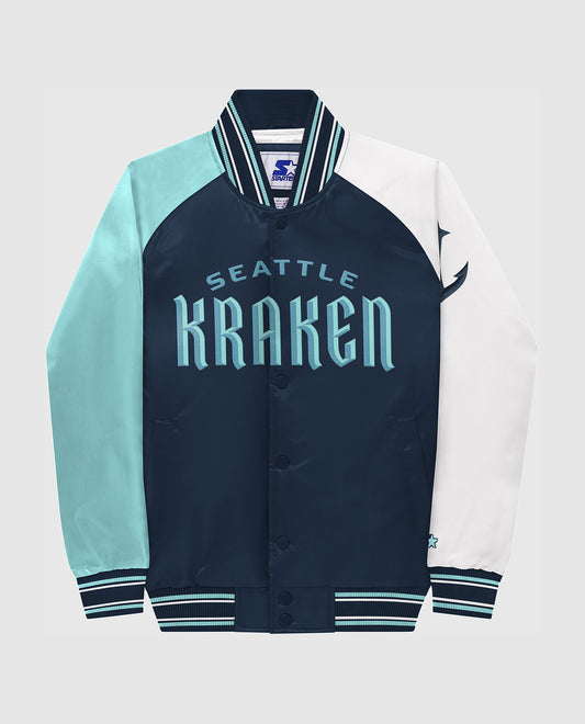 Front of Youth Seattle Kraken Varsity Satin Full-Snap Jacket | Kraken Navy