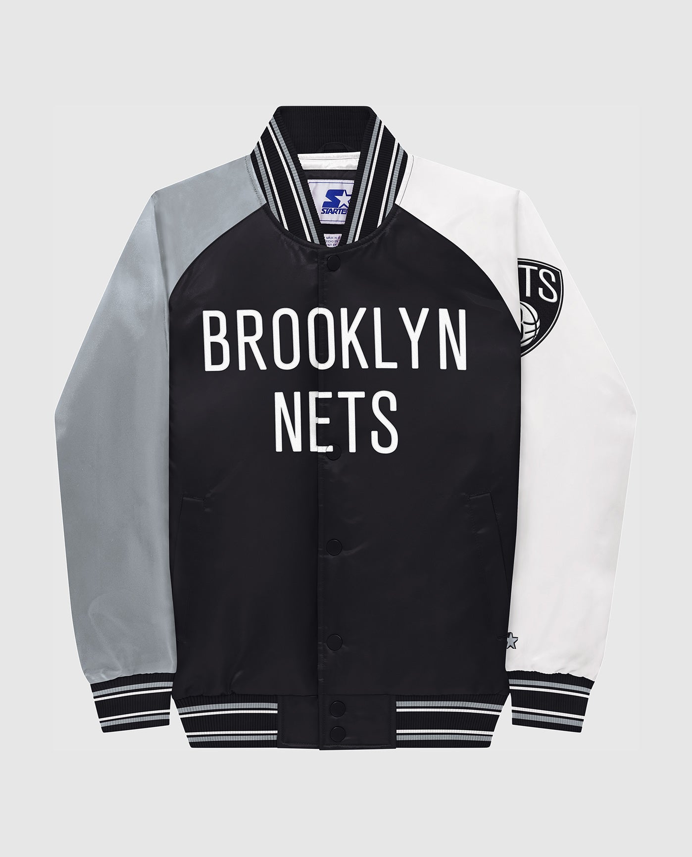 STARTER Men's Starter Black/Gray Brooklyn Nets Reliever Varsity Satin  Raglan Full-Snap Jacket