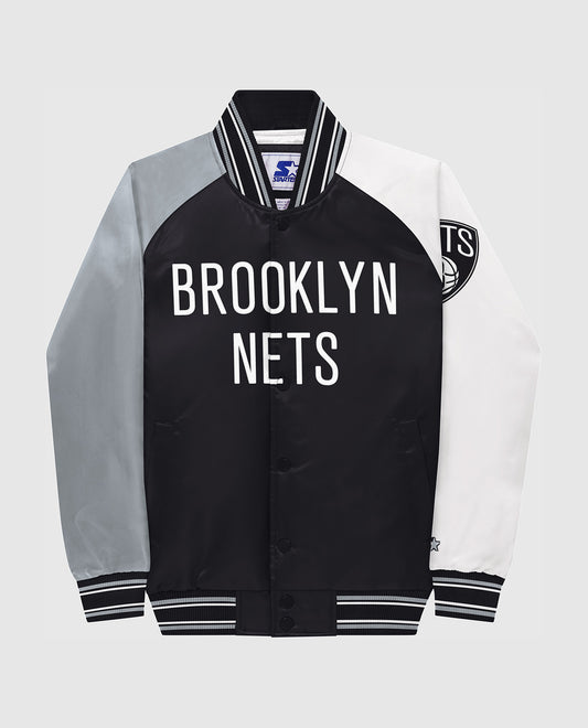 Front of Youth Brooklyn Nets Varsity Satin Full-Snap Jacket | Black