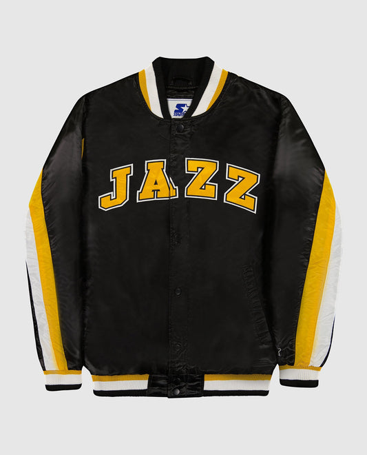 Front of Utah Jazz Varsity Satin Full-Snap Ace Starter Jacket | Jazz Black