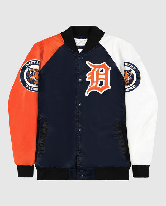 Front of Detroit Tigers Varsity Satin Full-Snap Starter Jacket | Tigers Navy