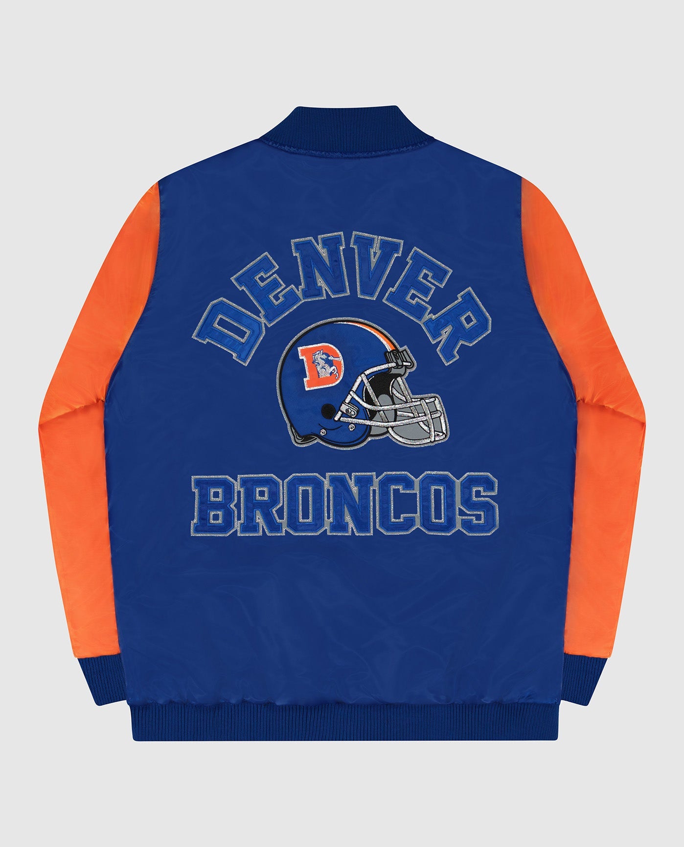 Back of Denver Broncos Varsity Satin Full-Snap Starter Jacket | Broncos Blue