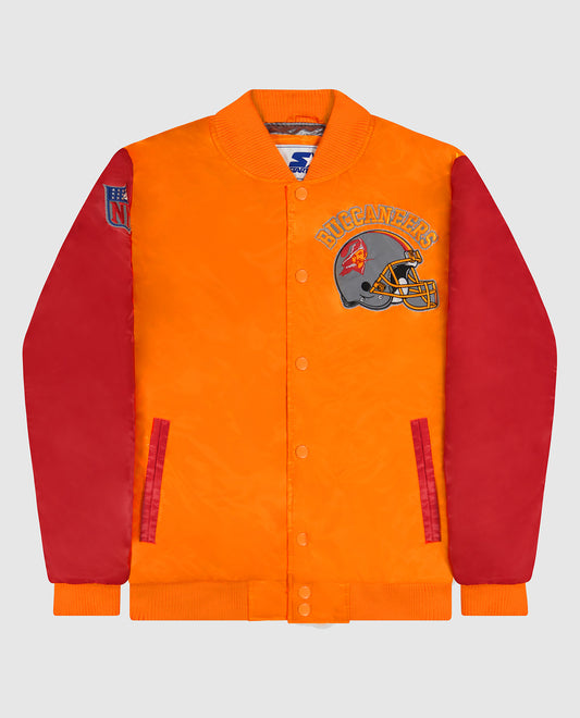 Front of Tampa Bay Buccaneers Varsity Satin Full-Snap Jacket | Buccaneers Gold