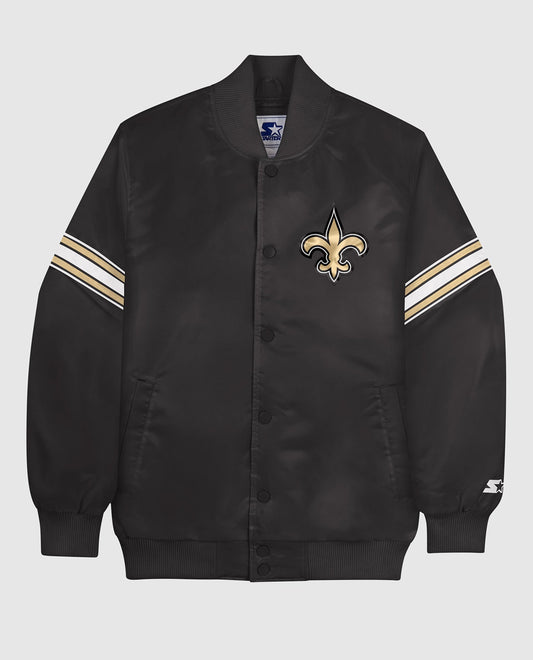 Front of New Orleans Saints Varsity Satin Full-Snap Jacket | Saints Black