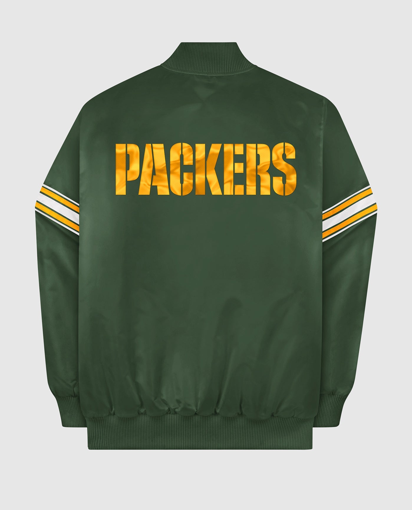 Back of Green Bay Packers Varsity Satin Full-Snap Jacket | Packers Green