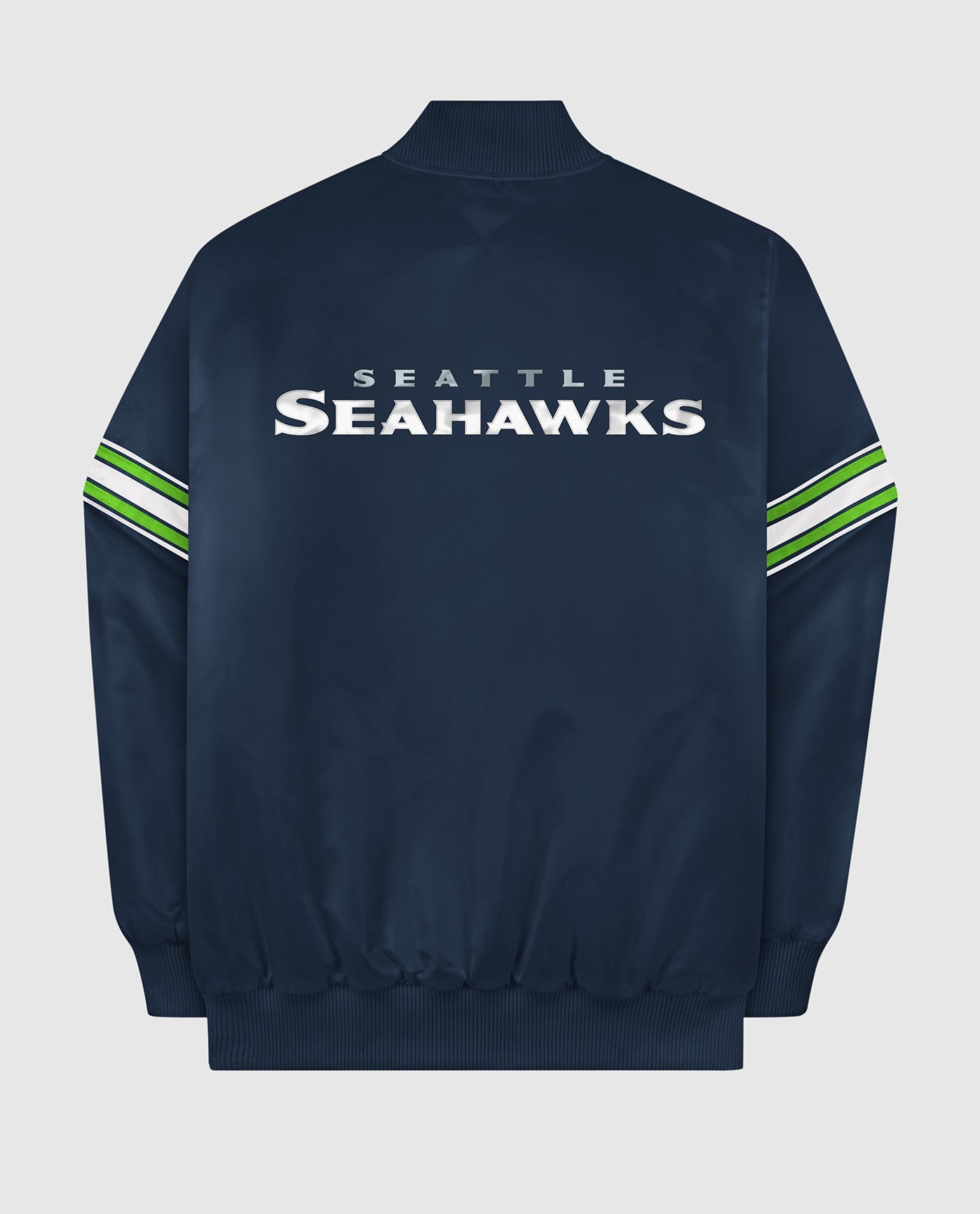 Back of Seattle Seahawks Varsity Satin Full-Snap Jacket | Seahawks Navy