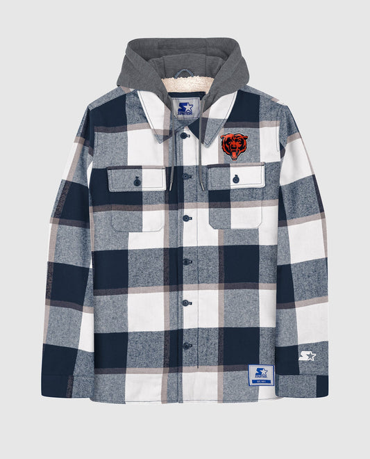 Front of Chicago Bears Sherpa Lined Plaid Jacket | Bears Navy