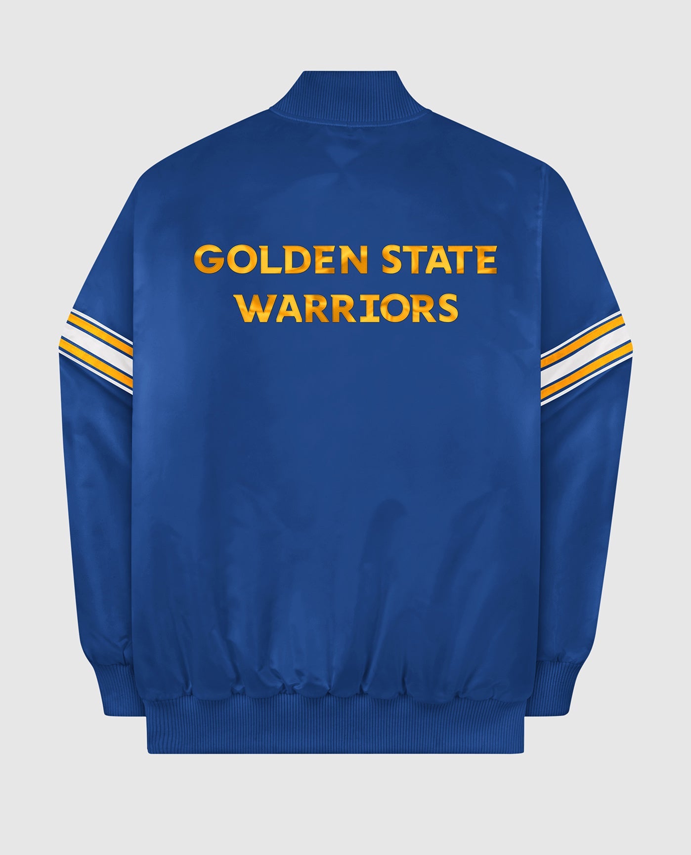 Back of Golden State Warriors Varsity Satin Full-Snap Jacket | Warriors Blue