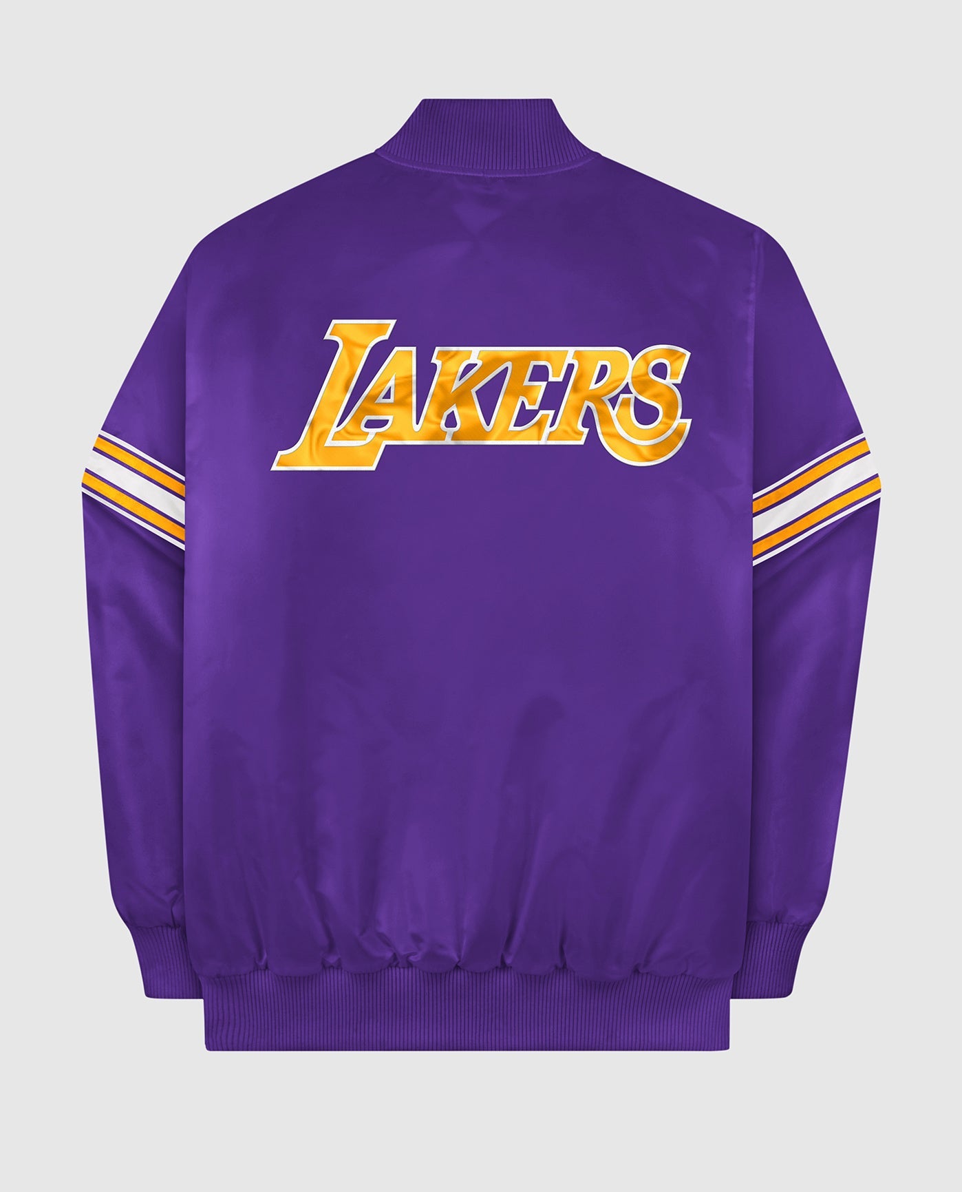 Back of Los Angeles Lakers Varsity Satin Full-Snap Jacket | Lakers Purple