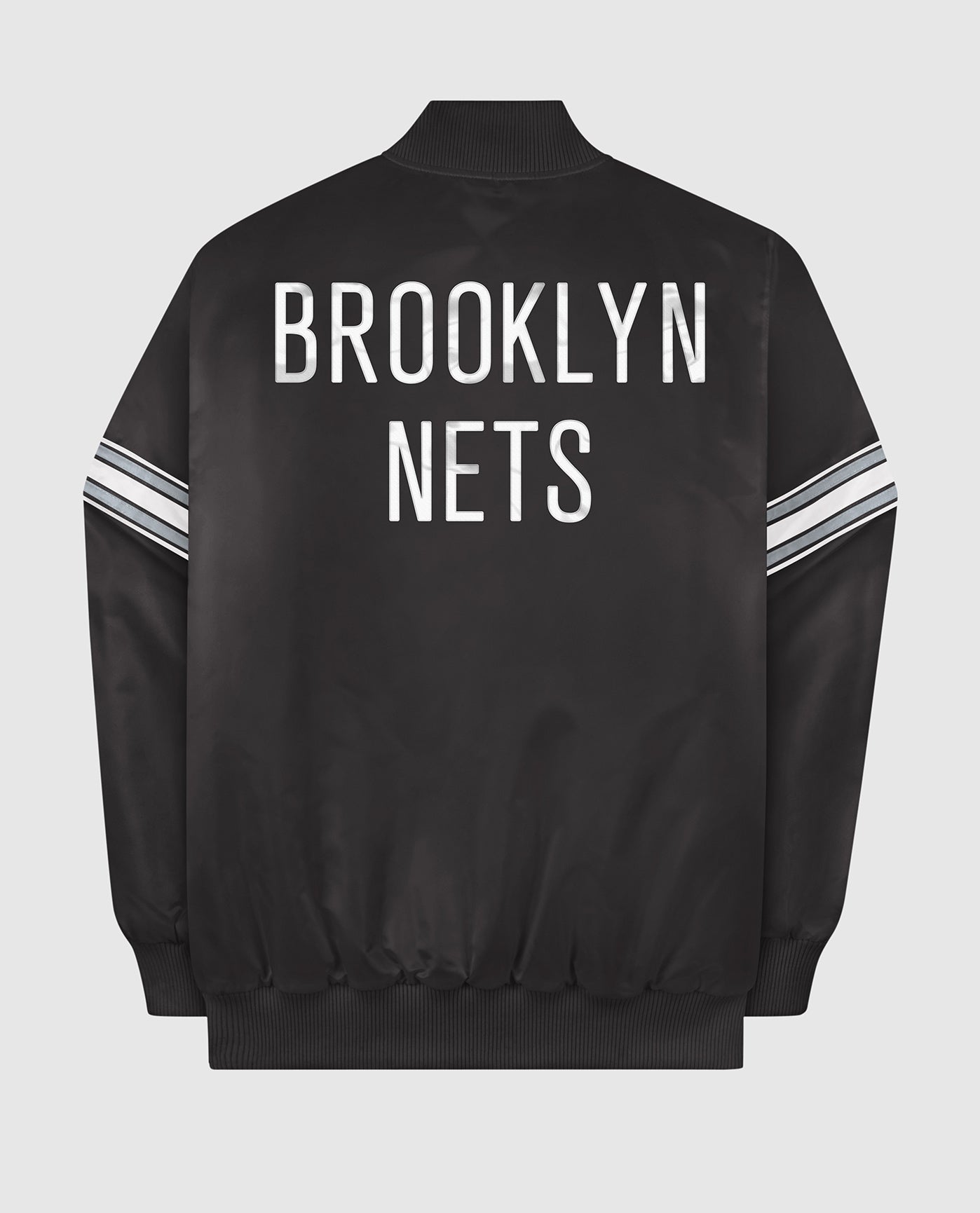 Back of Brooklyn Nets Varsity Satin Full-Snap Jacket | Black