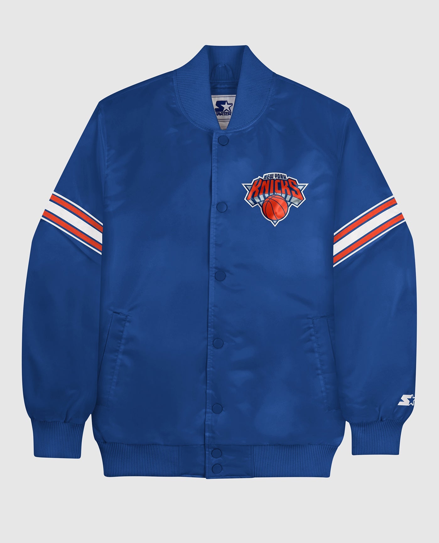 Women's Starter Blue/Orange New York Knicks Split Colorblock Satin Full-Snap Varsity Jacket Size: Large