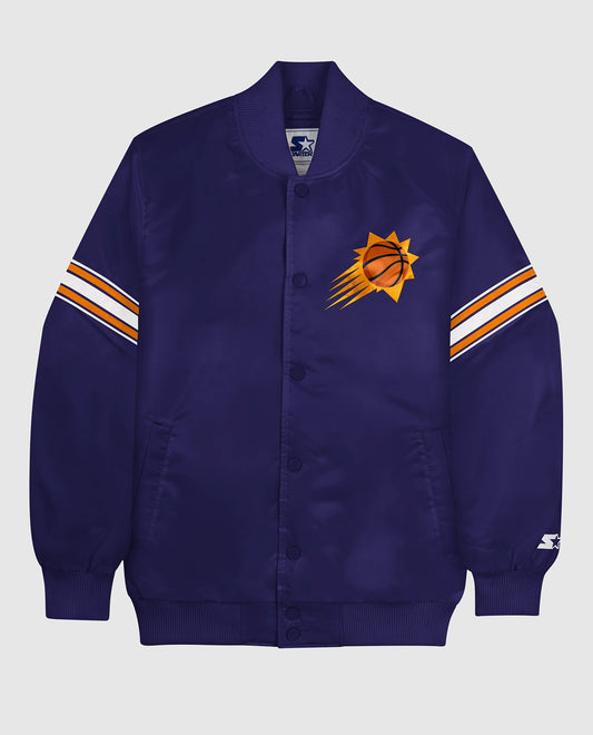 Front of Phoenix Suns Varsity Satin Full-Snap Jacket | Suns Purple