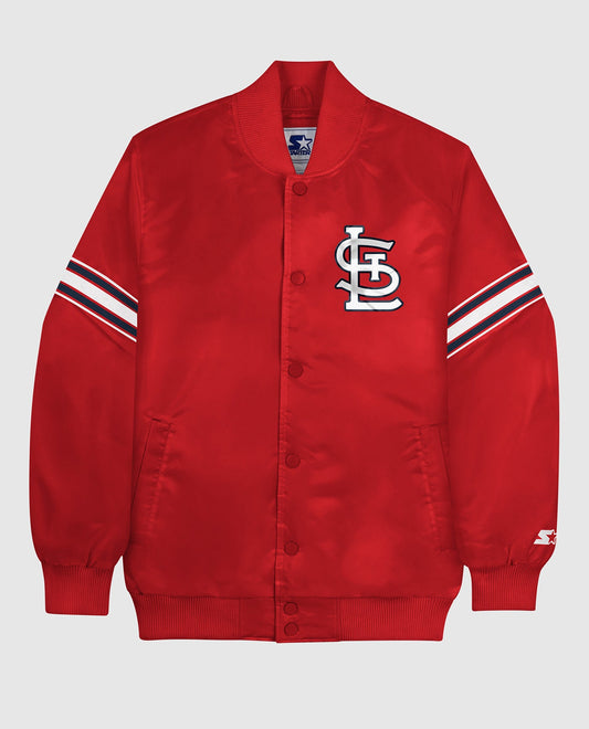 Front of St. Louis Cardinals Varsity Satin Full-Snap Jacket | SL Cardinals Red