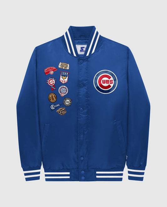 Front of Chicago Cubs Varsity Satin Full-Snap Jacket | Cubs Blue
