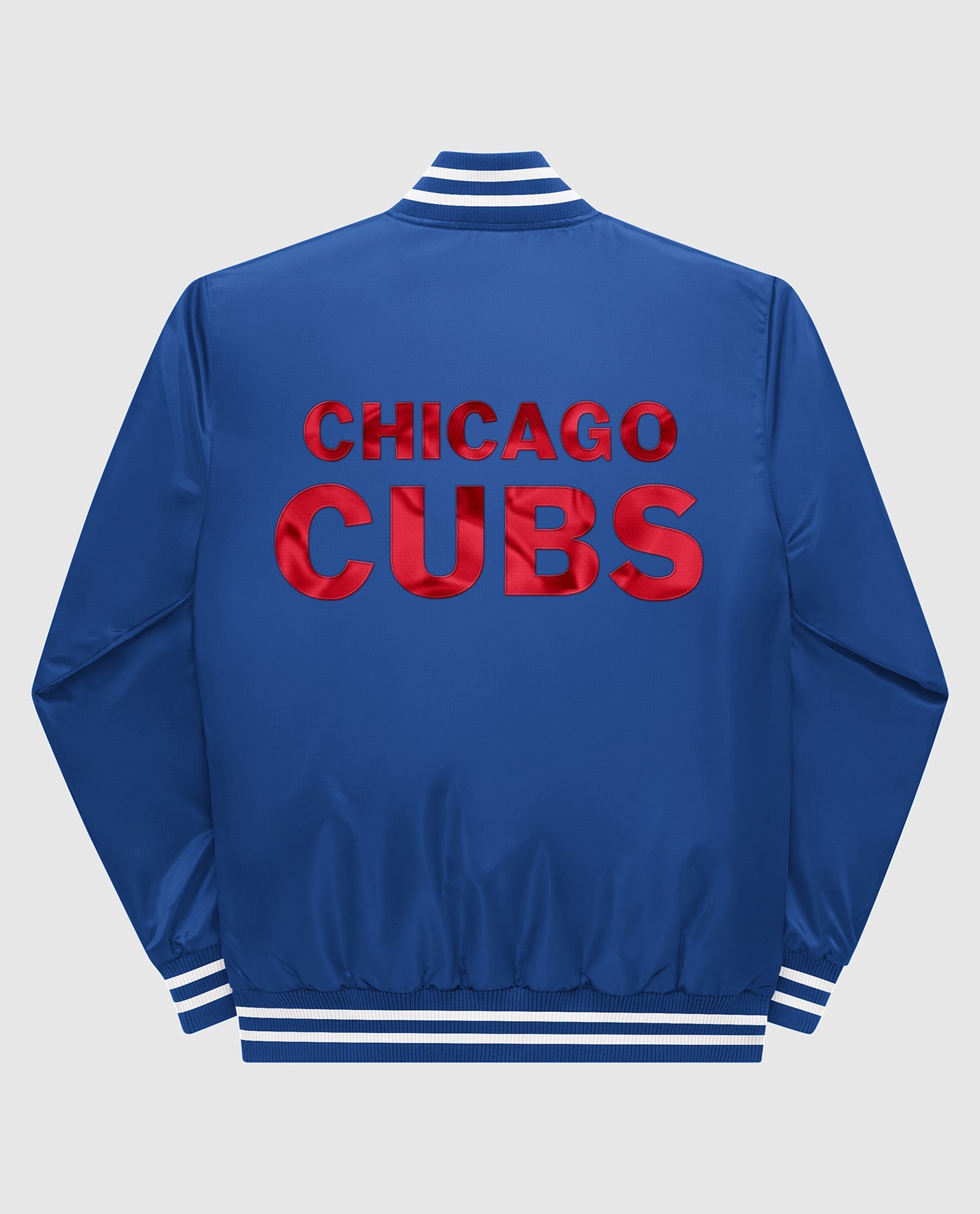 Back of Chicago Cubs Varsity Satin Full-Snap Jacket | Cubs Blue