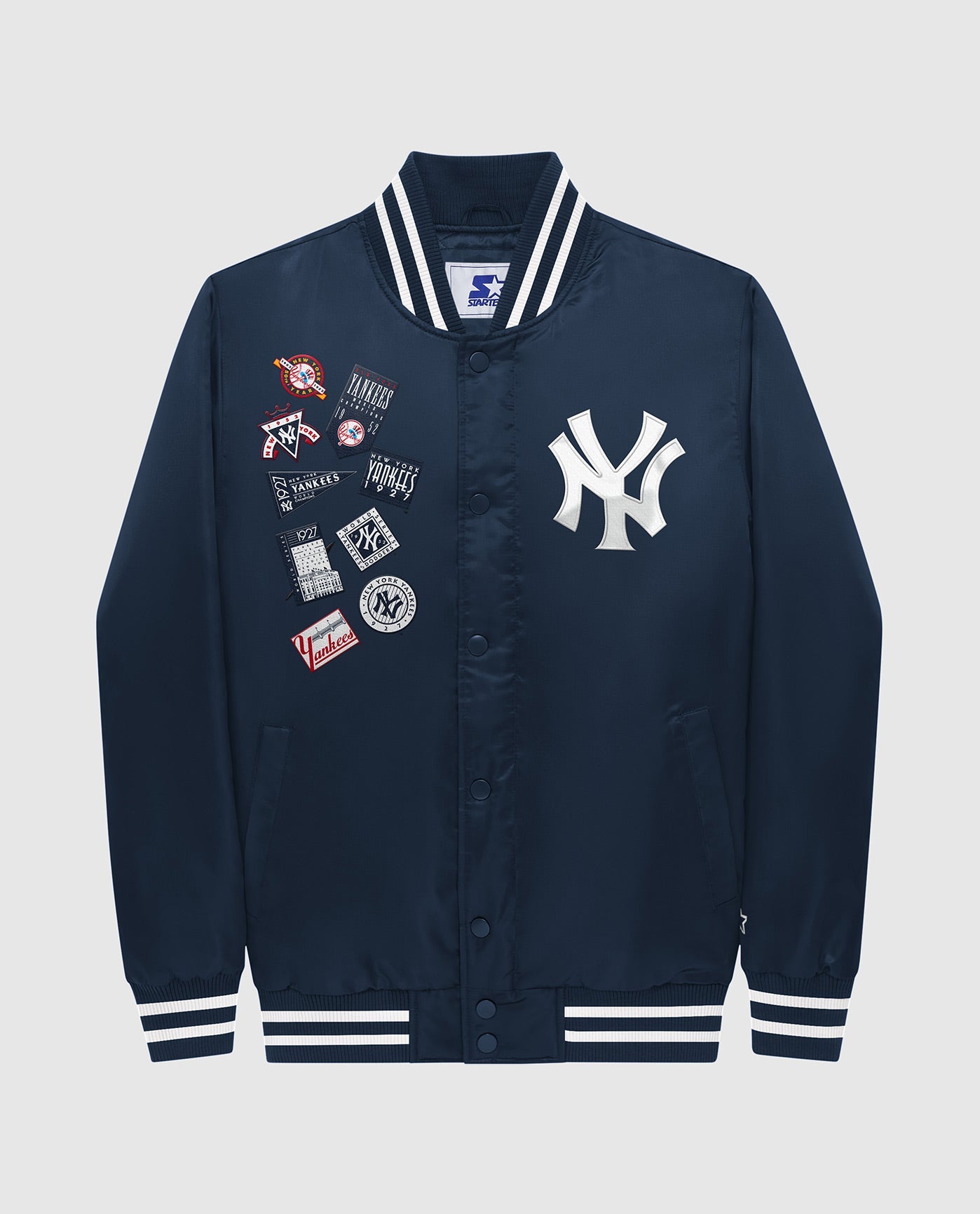 New York Yankees Starter Enforce Varsity Satin Full-Snap Jacket - Navy/Gray