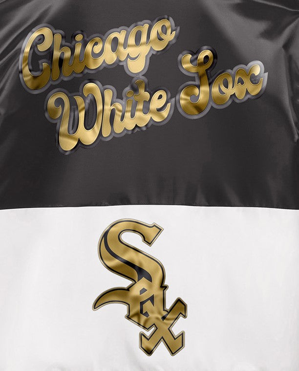 Back Logo Detail of Ty Mopkins Chicago White Sox Satin Full-Snap Jacket | Black