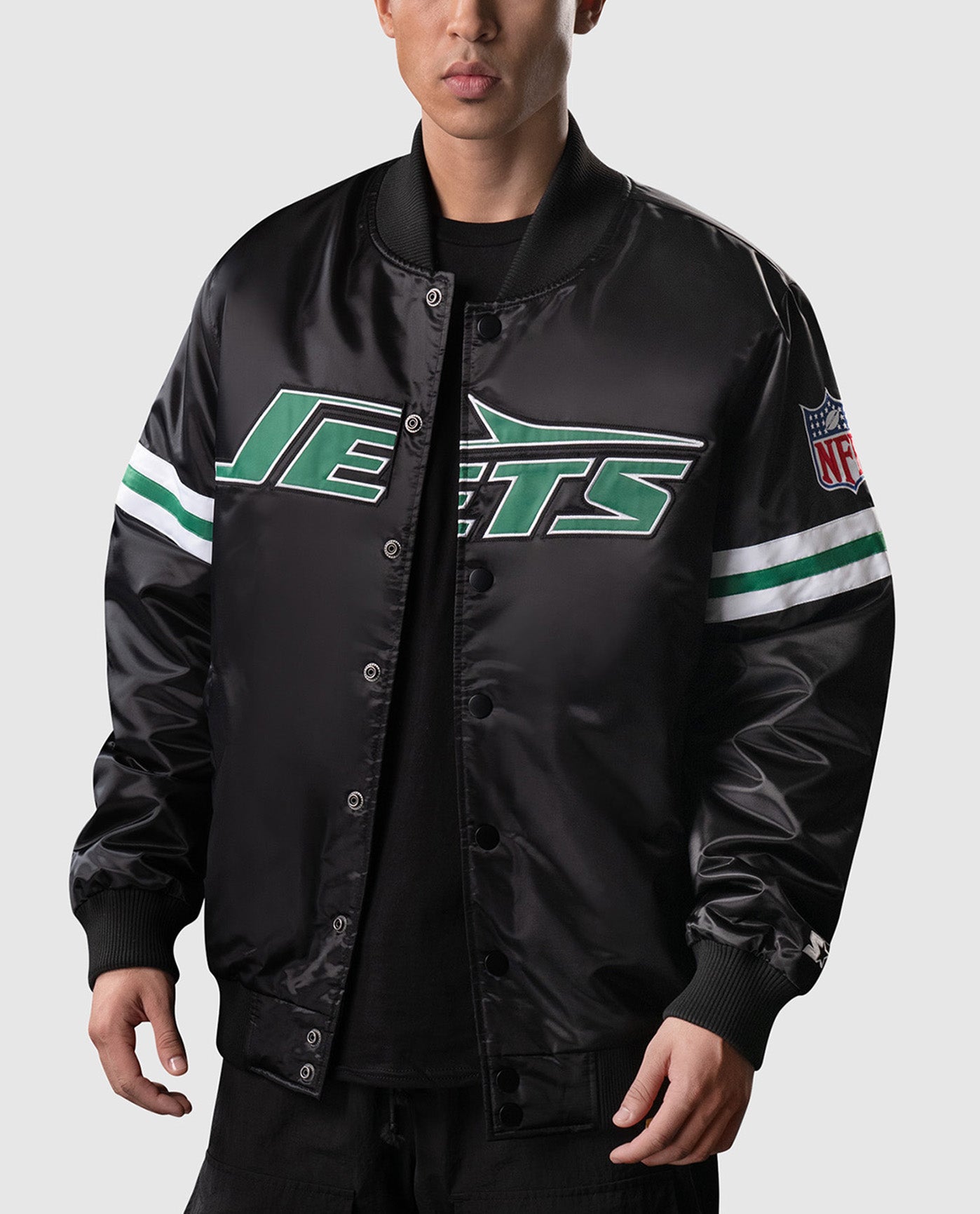 Front of New York Jets NYC Lights Satin Full-Snap Jacket | Black