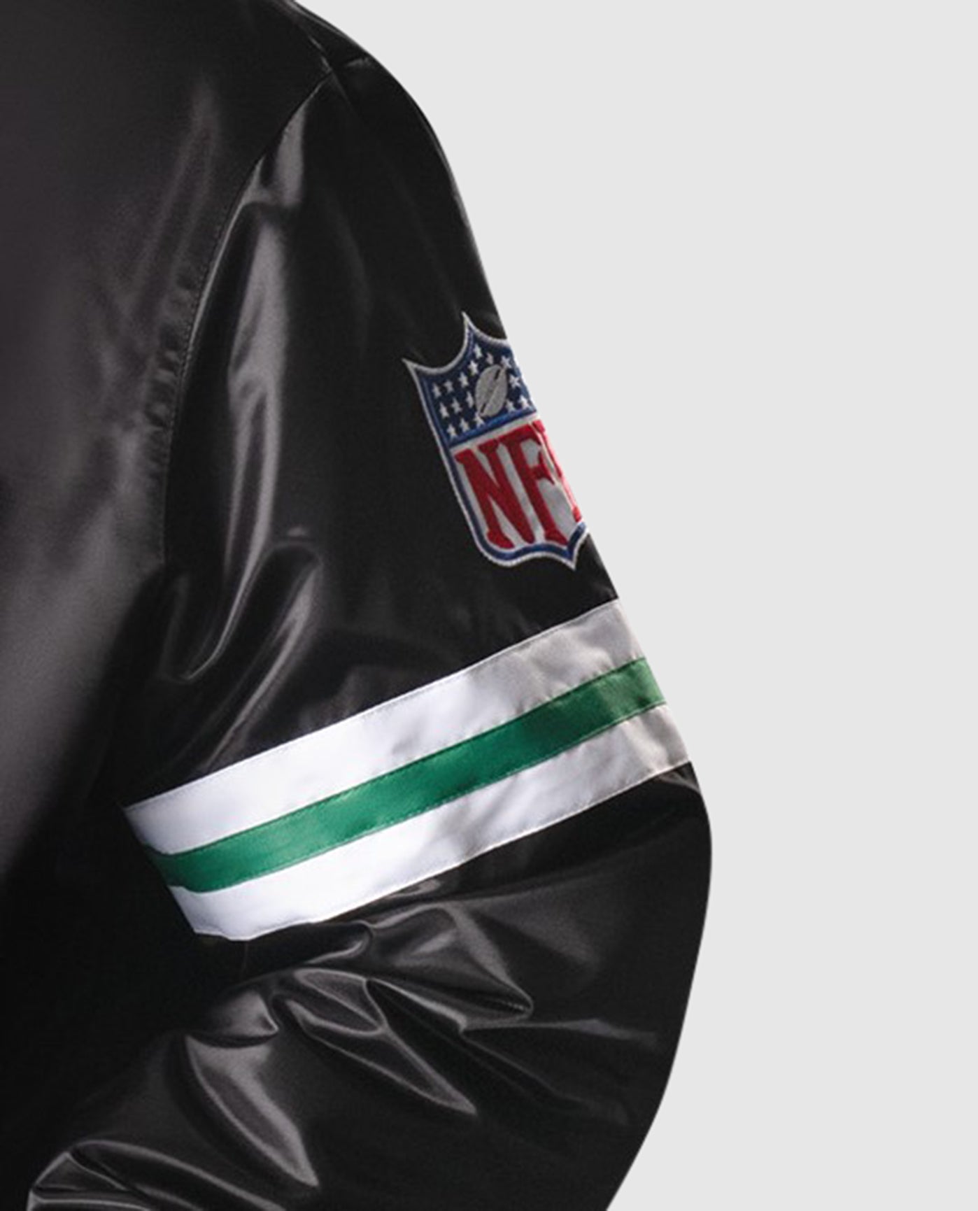 Left Arm Detail of New York Jets NYC Lights Satin Full-Snap Jacket | Black