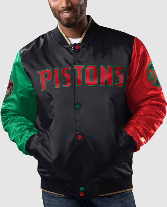 Front of Detroit Pistons Black History Month Quilted Lining Satin Full-Snap Jacket | Black