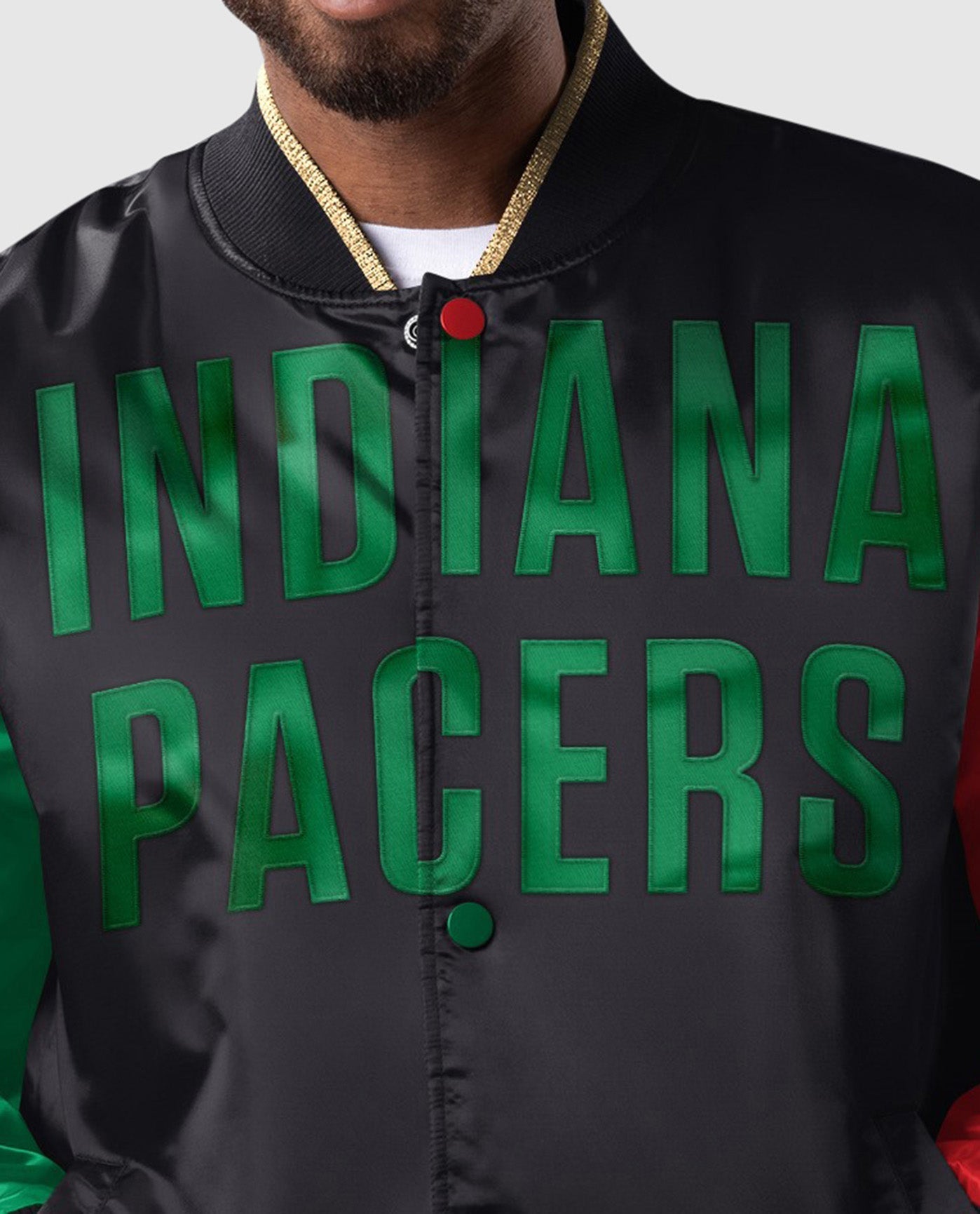 Front Detail of Indiana Pacers Black History Month Quilted Lining Satin Full-Snap Jacket | Black