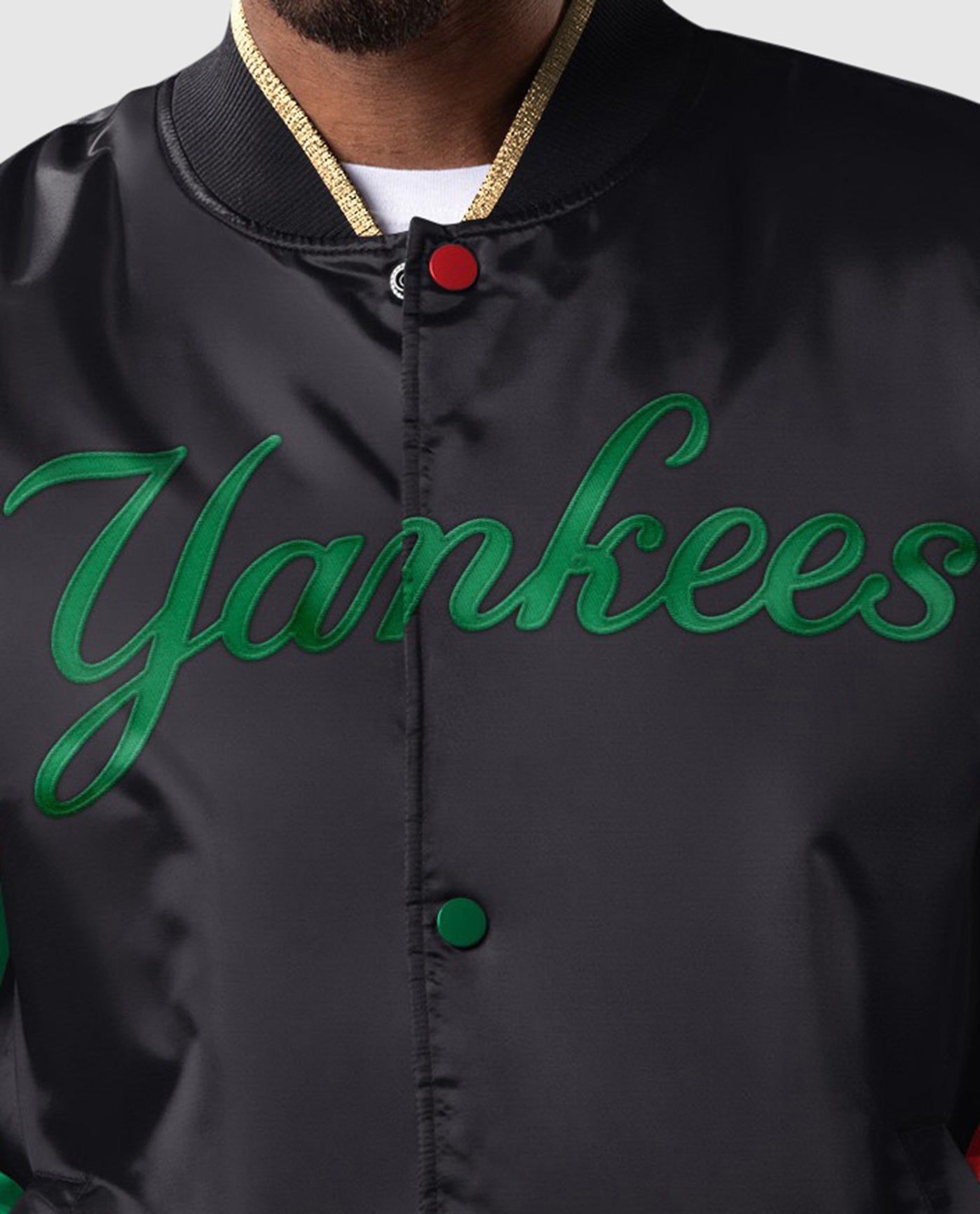 Front Detail of New York Yankees Black History Month Quilted Lining Satin Full-Snap Jacket | Black