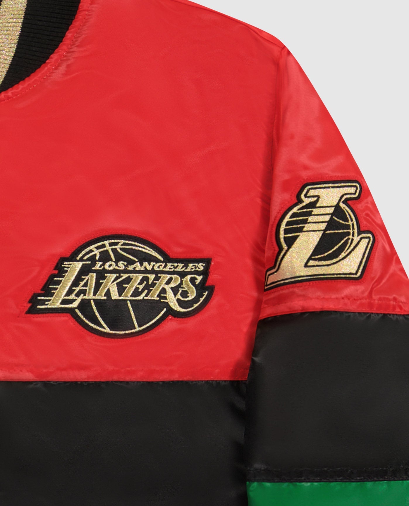 LOS ANGELES LAKERS logo on top left chest and sleeves | Lakers Red Black Green