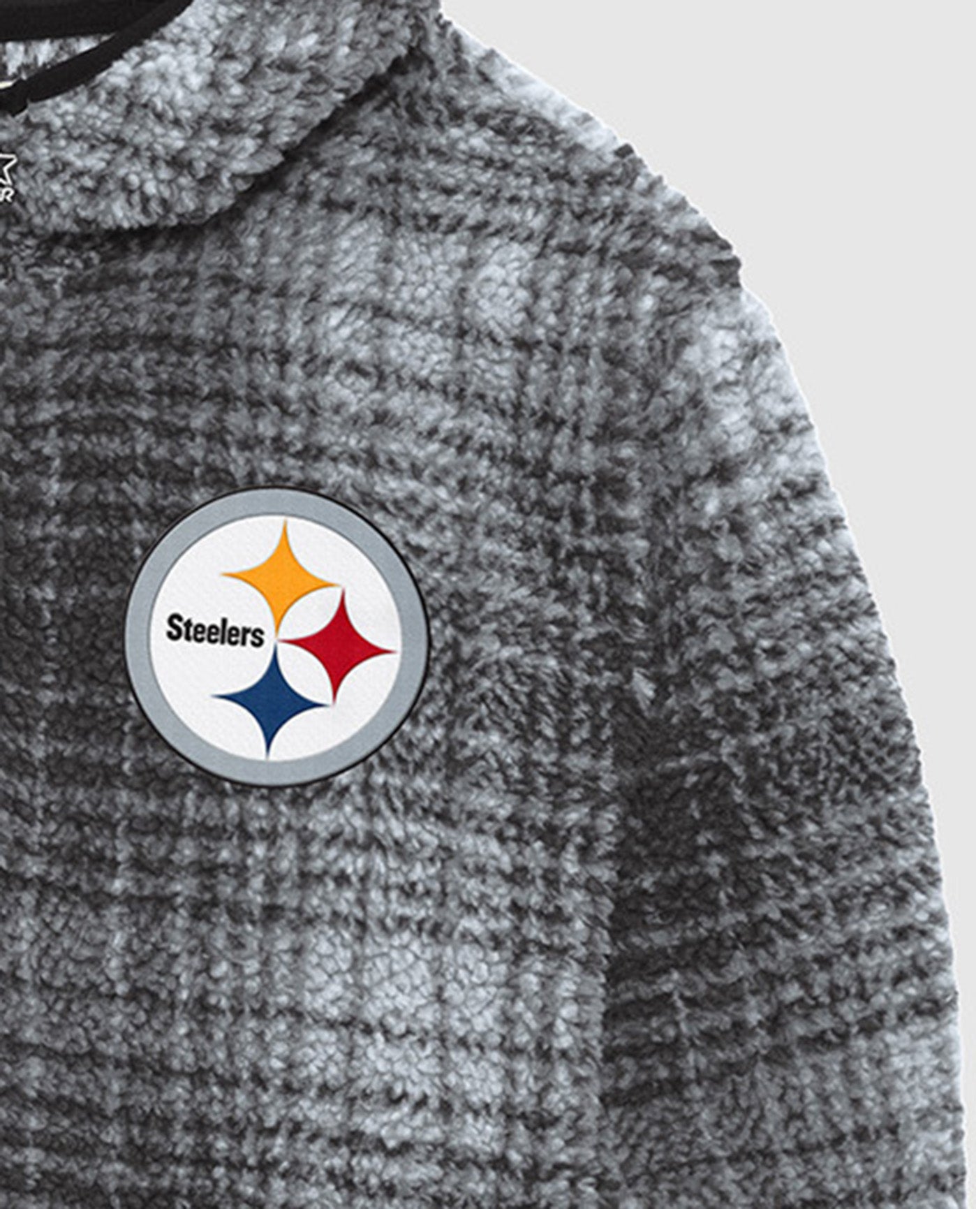 Logo On Chest Of Pittsburgh Steelers Gus Plaid Sherpa Jacket | Black