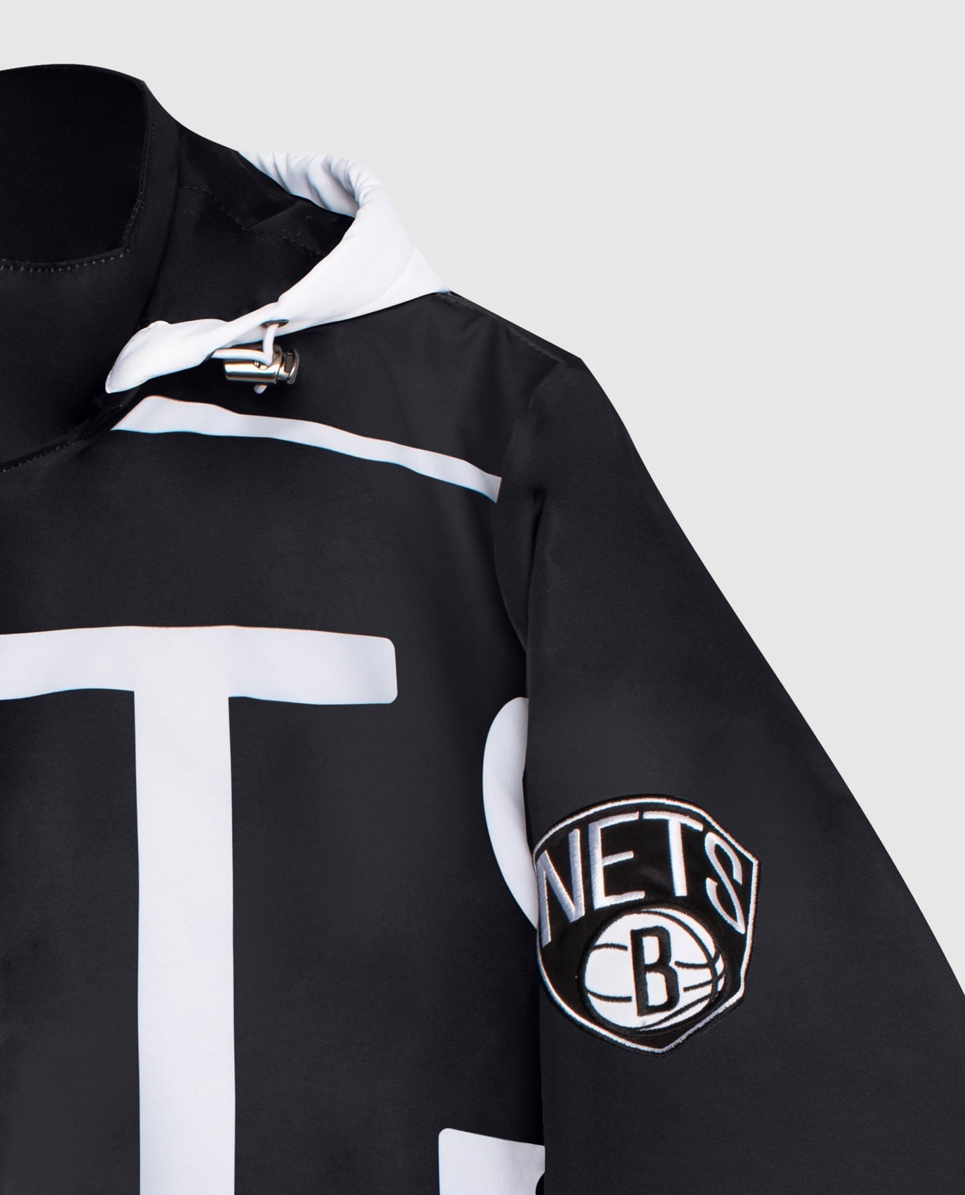 Team Logo On Sleeve Of Brooklyn Nets Hooded Nylon Full-Zip Jacket | Black