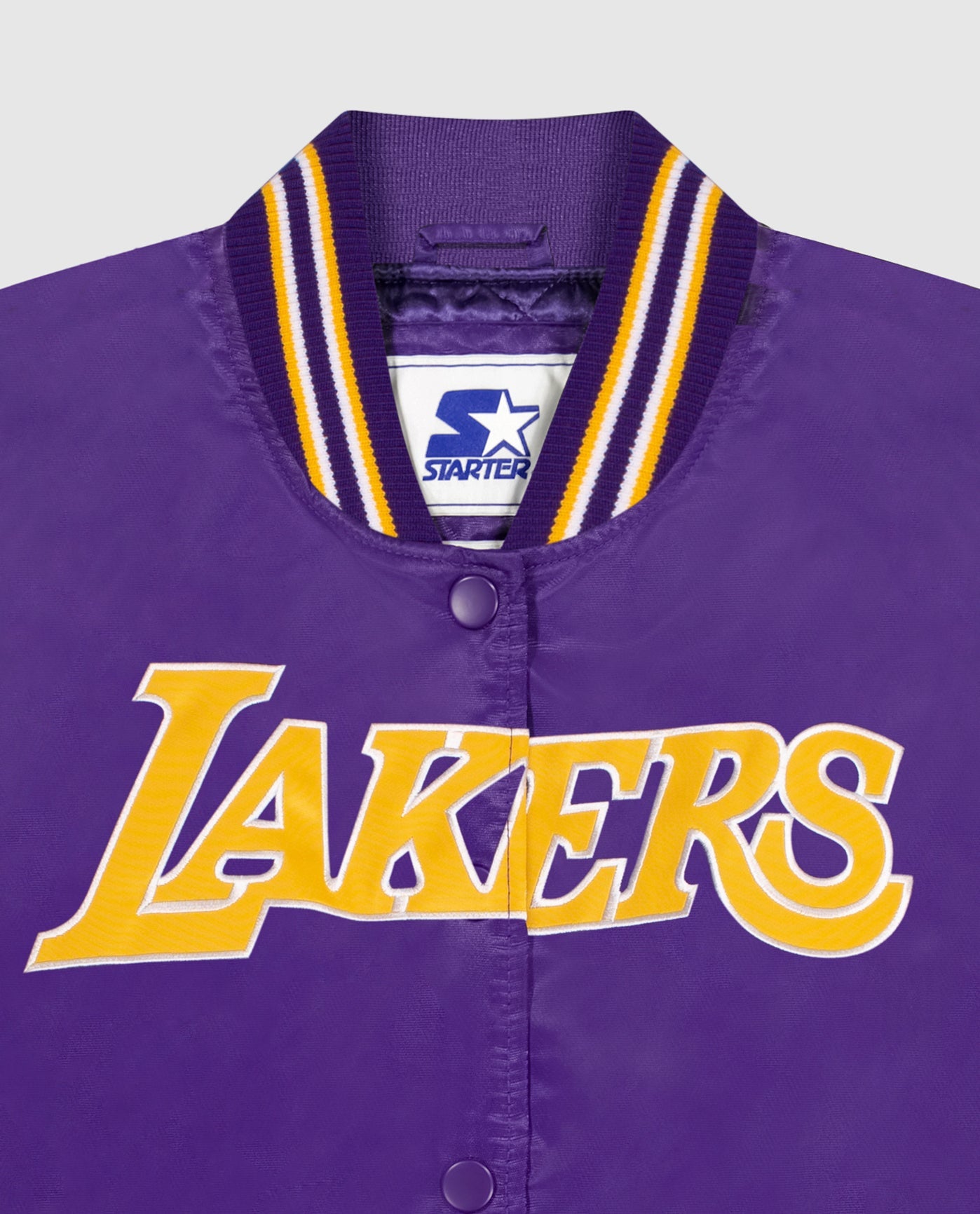 Front Logo of Women's Los Angeles Lakers Varsity Satin Full-Snap Jacket | Lakers Purple