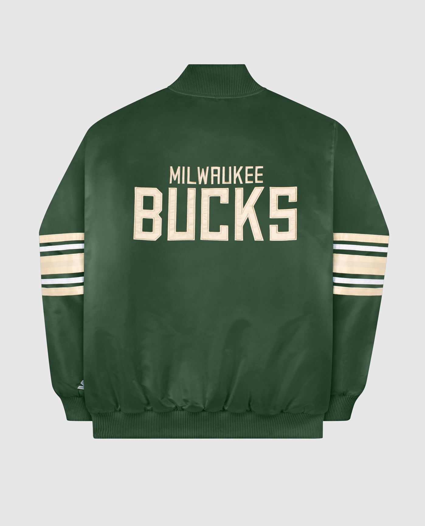 Back of Women's Milwaukee Bucks Varsity Satin Full-Snap Jacket | Bucks Green