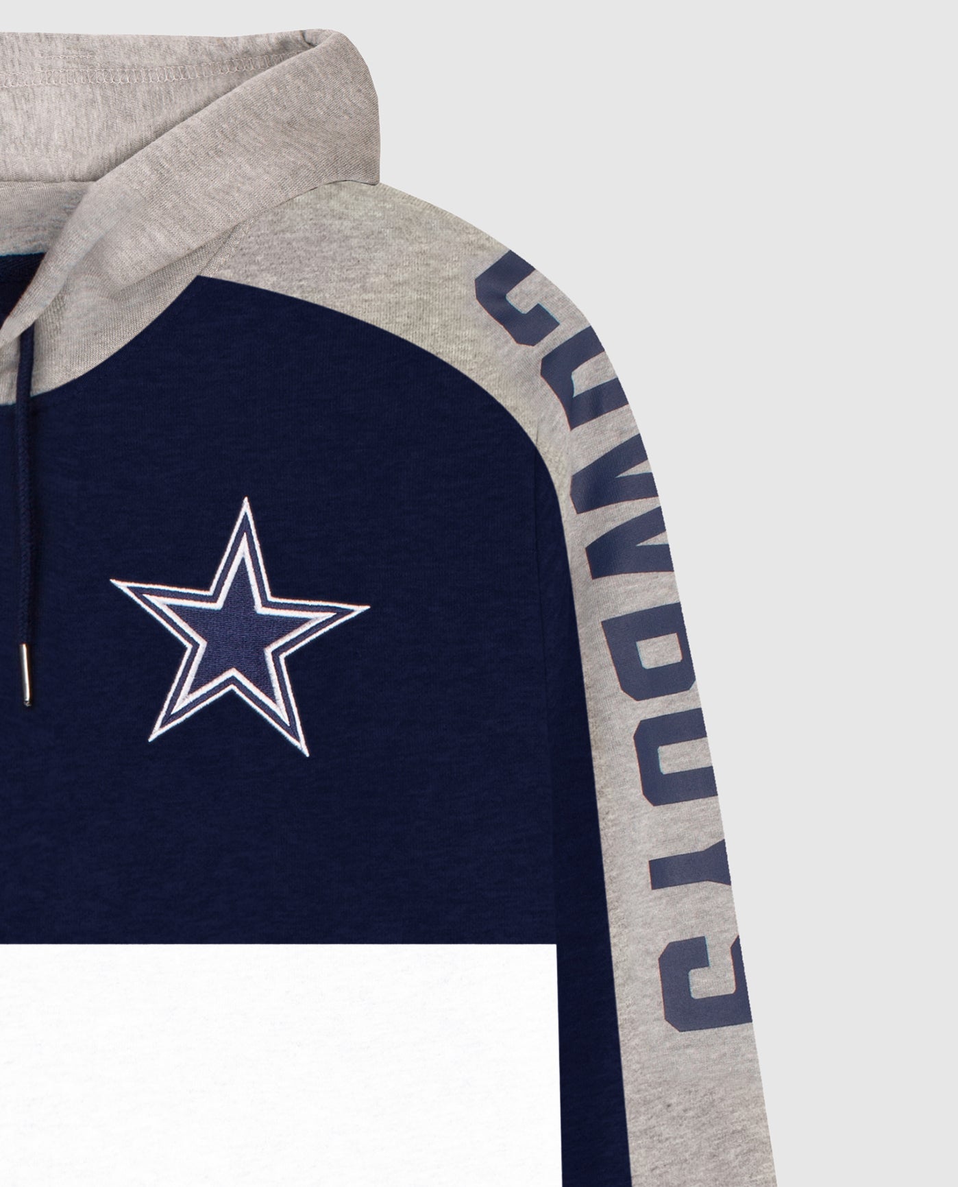 Team Logo On Chest and Team Name On Sleeve Of Dallas Cowboys Zip-Front Colorblock Hoodie | Cowboys Navy