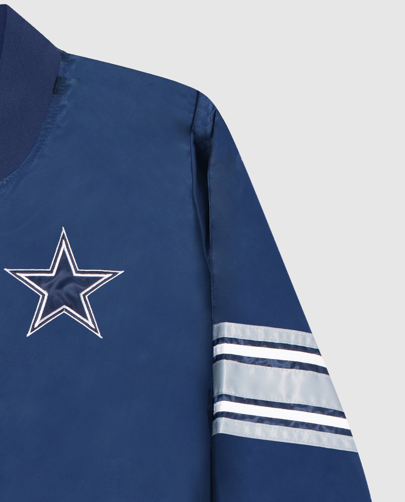 Team Logo On Chest and Striped Sleeve Of Women's Dallas Cowboys Snap-Front Satin Jacket | Cowboys Navy