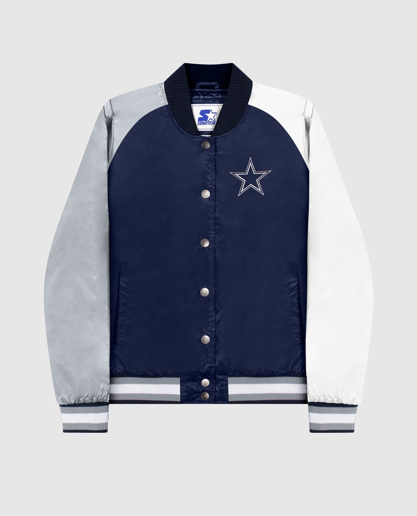 Front Of Women's Dallas Cowboys Snap-Front Varsity Satin Jacket | Cowboys Navy