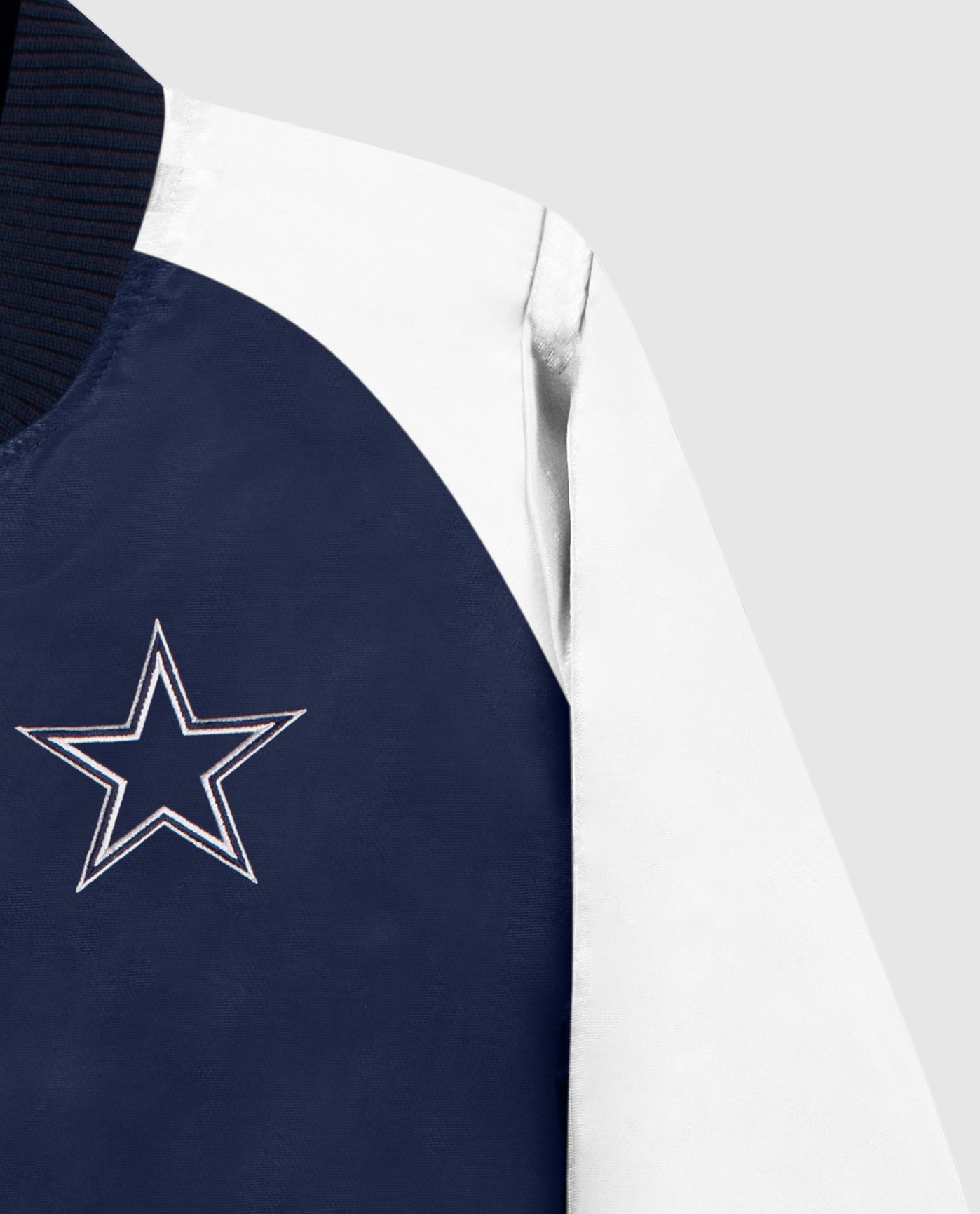 Team Logo On Chest and Sleeve Of Women's Dallas Cowboys Snap-Front Varsity Satin Jacket | Cowboys Navy