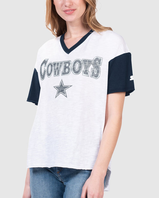Front of Dallas Cowboys Women's First Base Short Sleeve V-Neck Tee | White