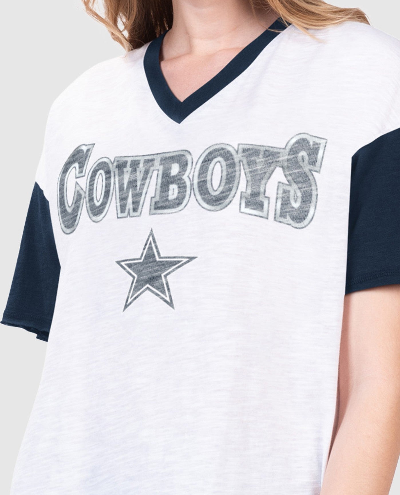 Front Logo on Chest of Dallas Cowboys Women's First Base Short Sleeve V-Neck Tee | White