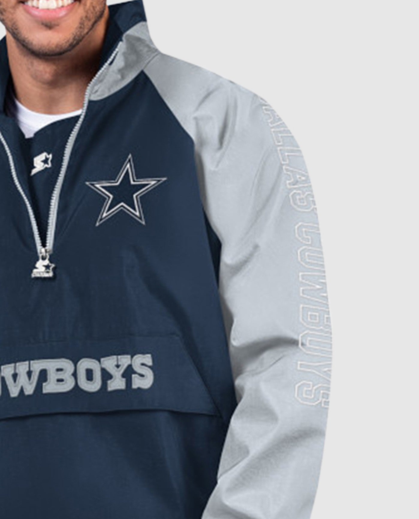 Left Sleeve and Chest of  Dallas Cowboys Elite Half-Zip Nylon Pullover | Cowboys Navy