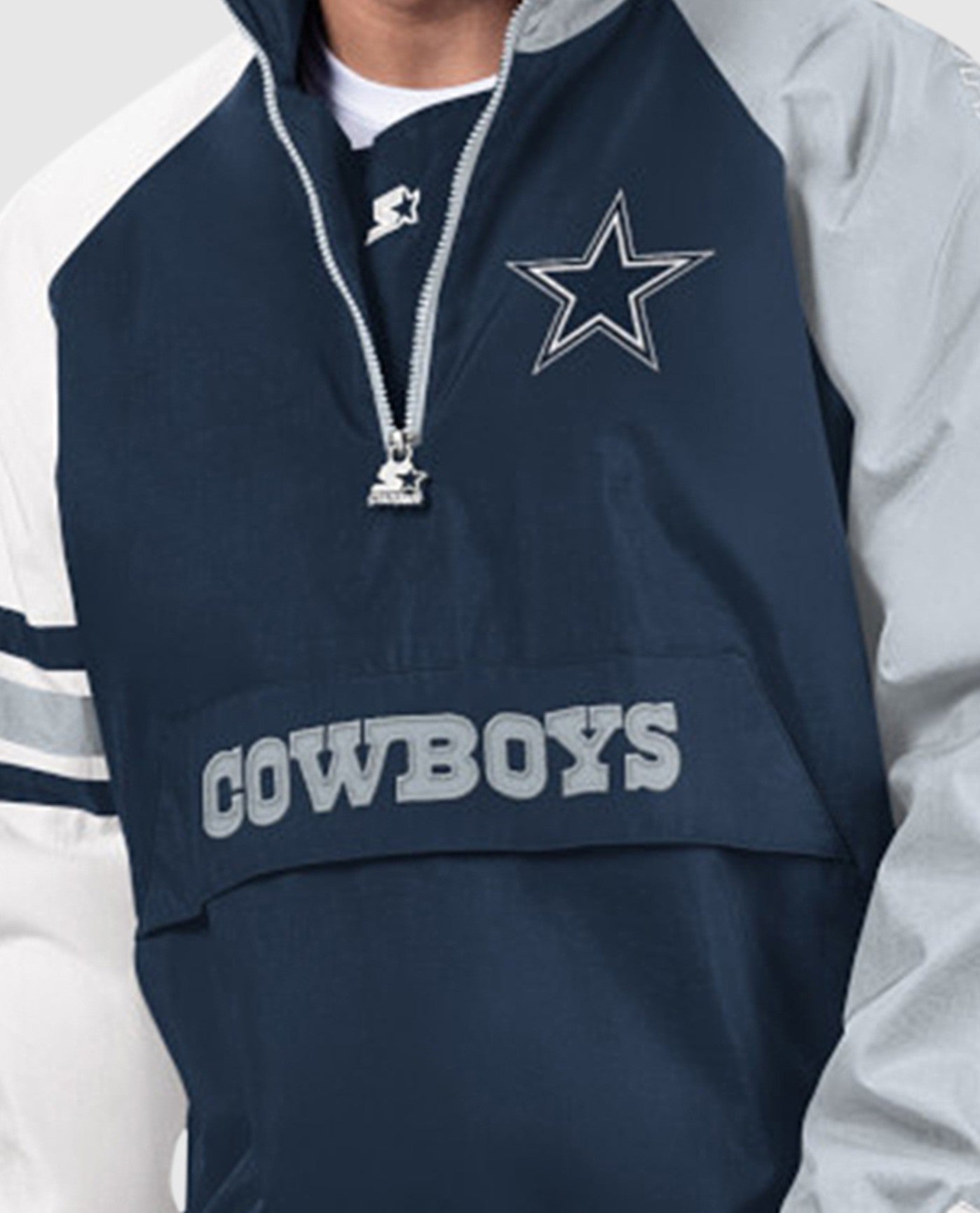 Front Logo on Pocket of Dallas Cowboys Elite Half-Zip Nylon Pullover | Cowboys Navy