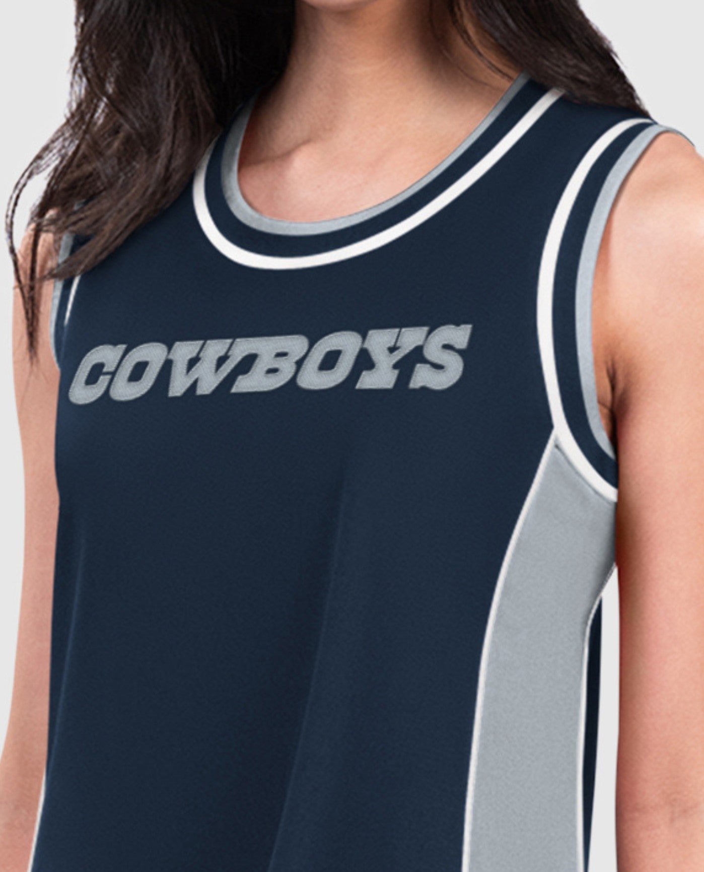 Front Logo on Chest of Dallas Cowboys Women's Slam Dunk Tank Dress | Cowboys Navy