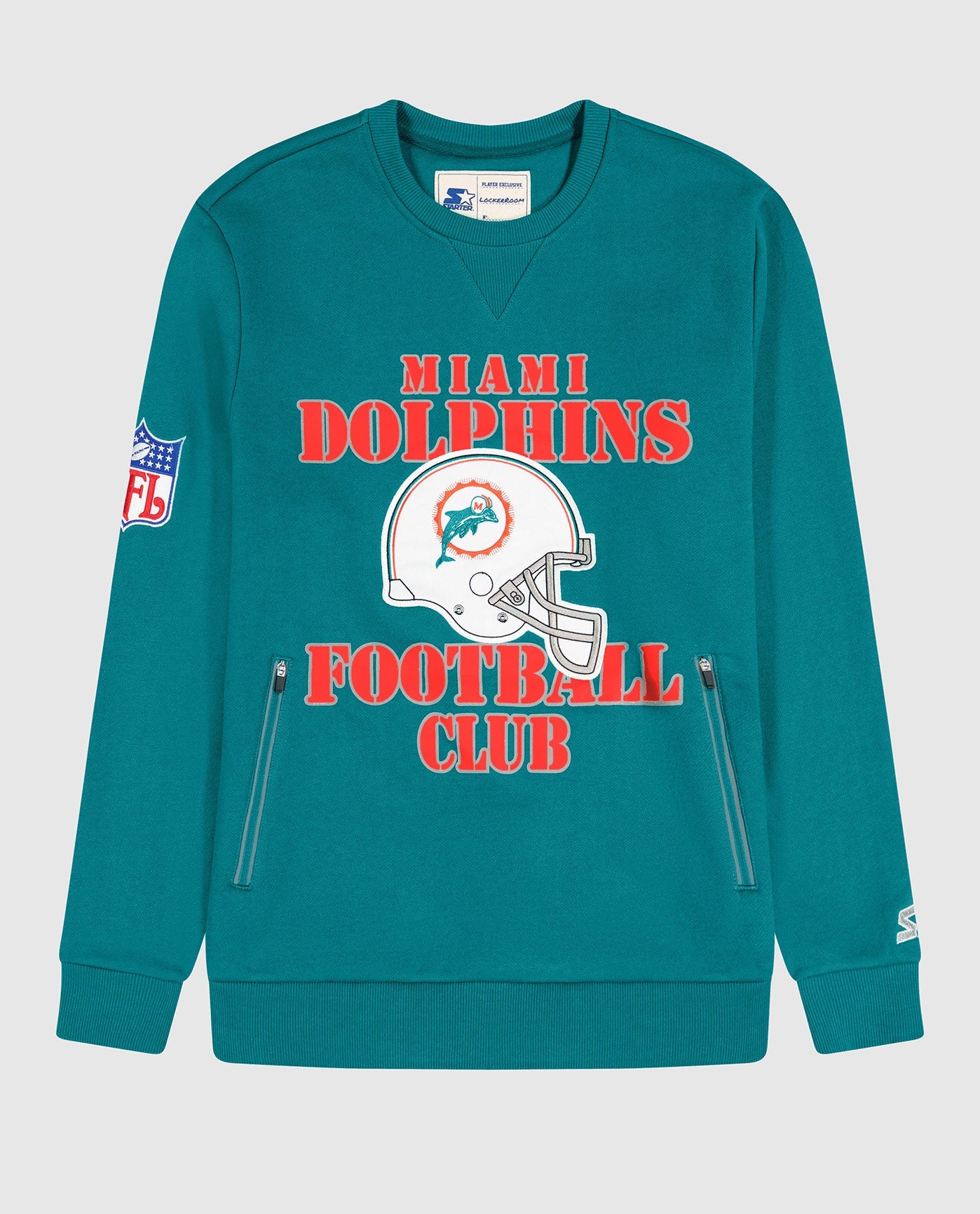 Front of Miami Dolphins Crew Neck Sweatshirt With Zip Pockets | Dolphins Aqua