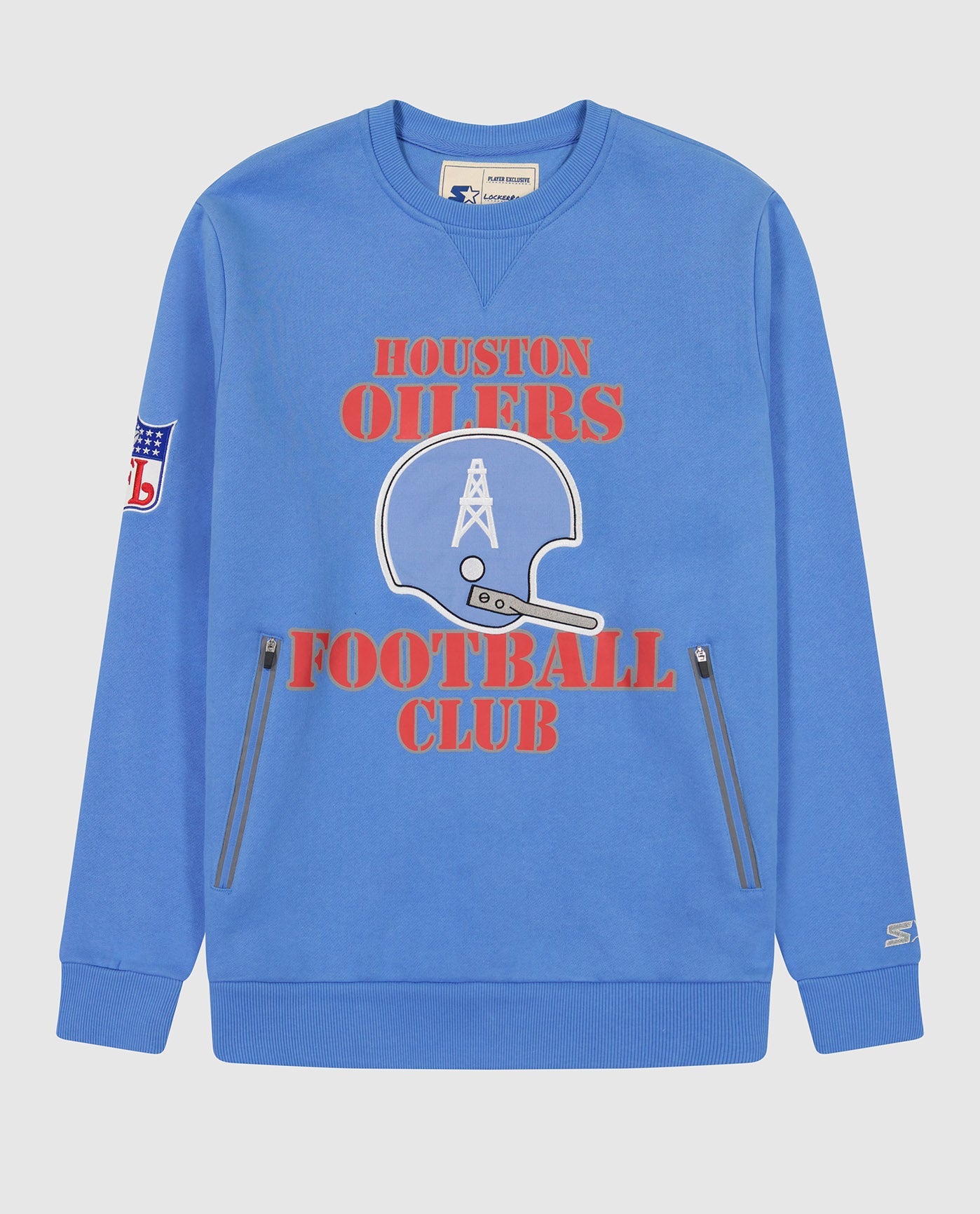Front of Houston Oilers Crew Neck Sweatshirt With Zip Pockets | Oilers Light Blue