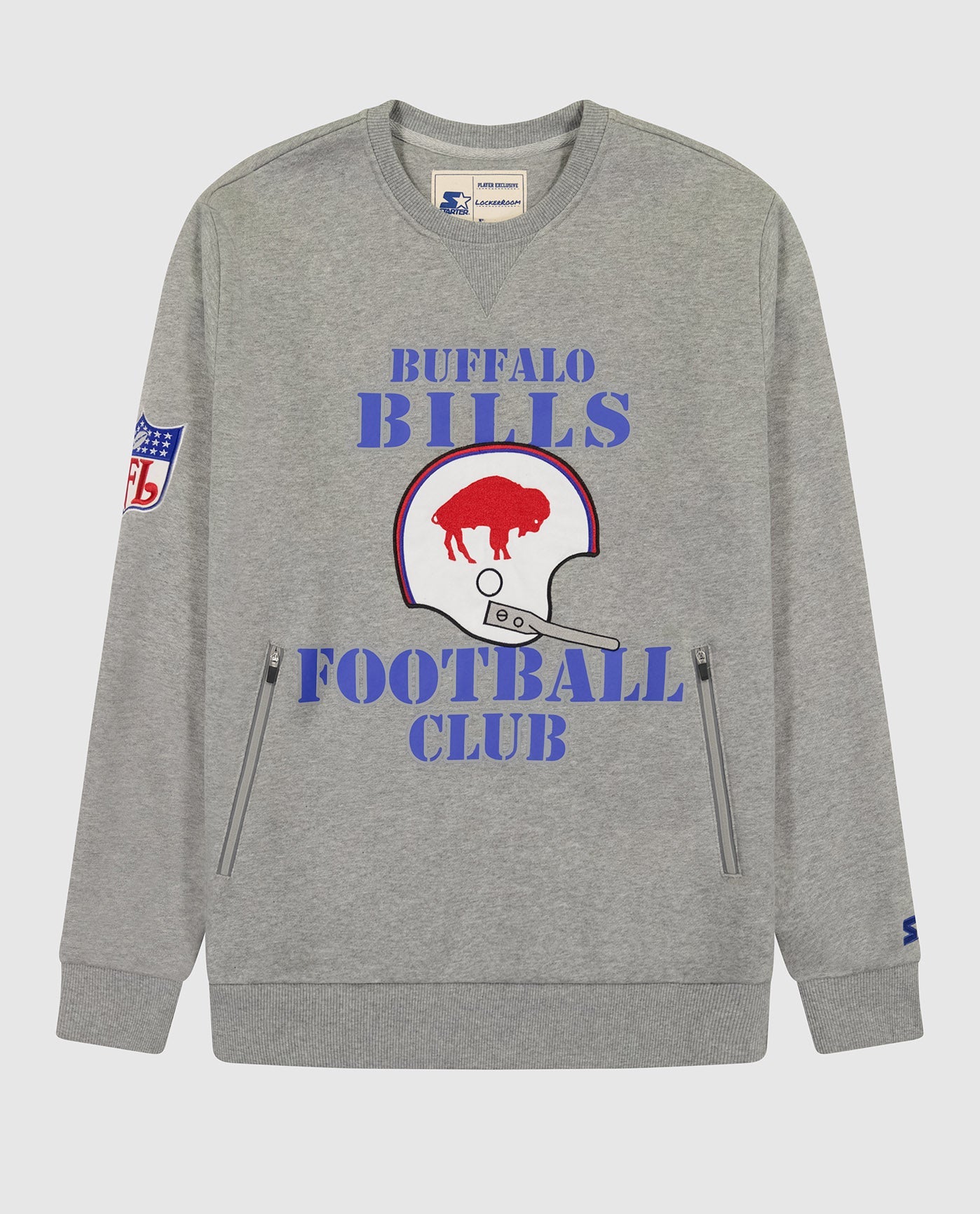 Front of Buffalo Bills Crew Neck Sweatshirt With Zip Pockets | Bills Heather Grey