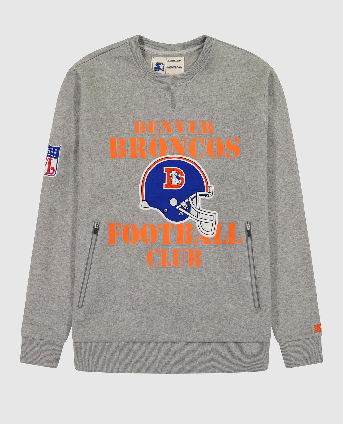 Front of Denver Broncos Crew Neck Sweatshirt With Zip Pockets | Broncos Heather Grey