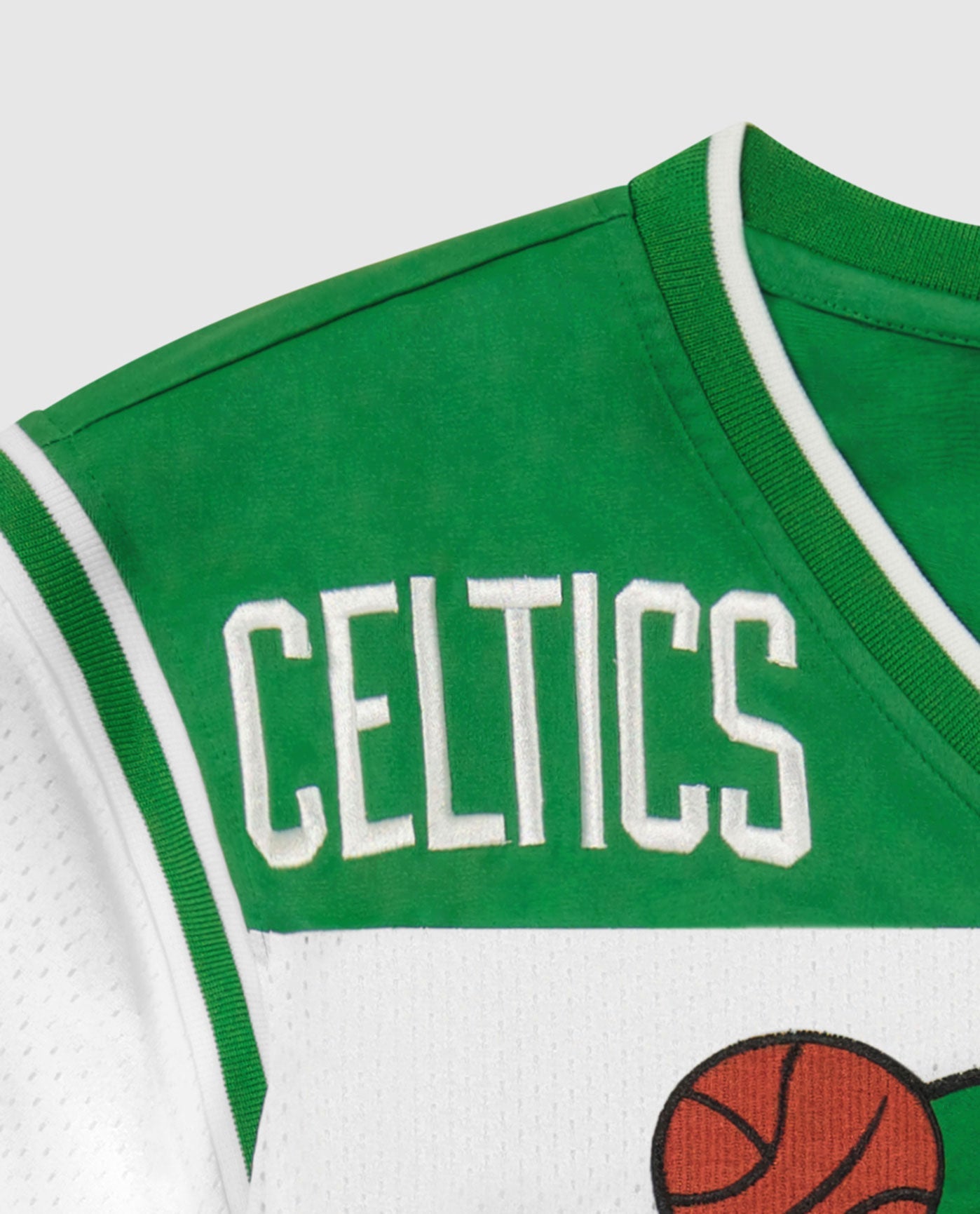 CELTICS logo writing below right sholder | Celtics White