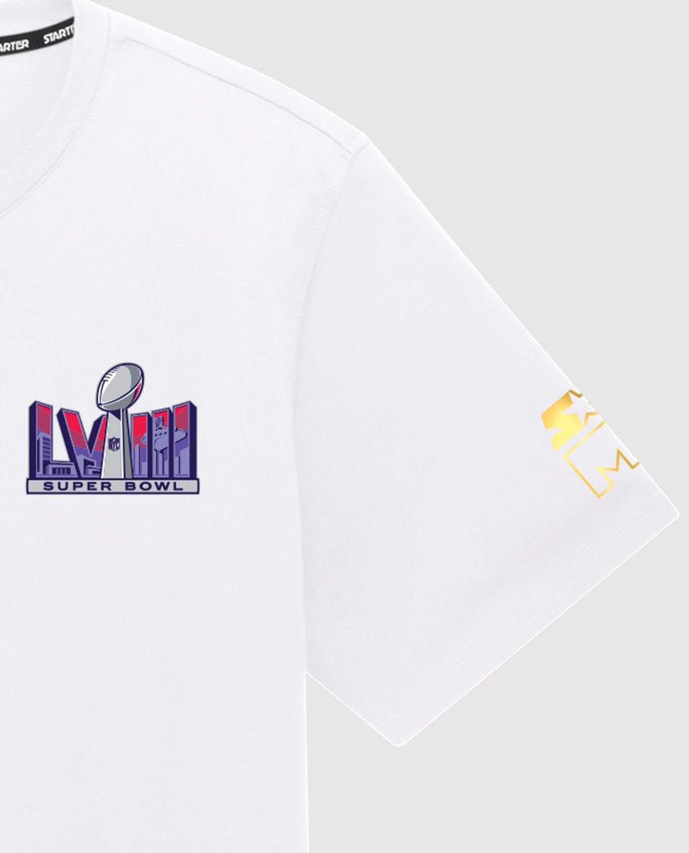 Left Arm Detail of Super Bowl LVIII Paved in Gold Graphic Tee | White